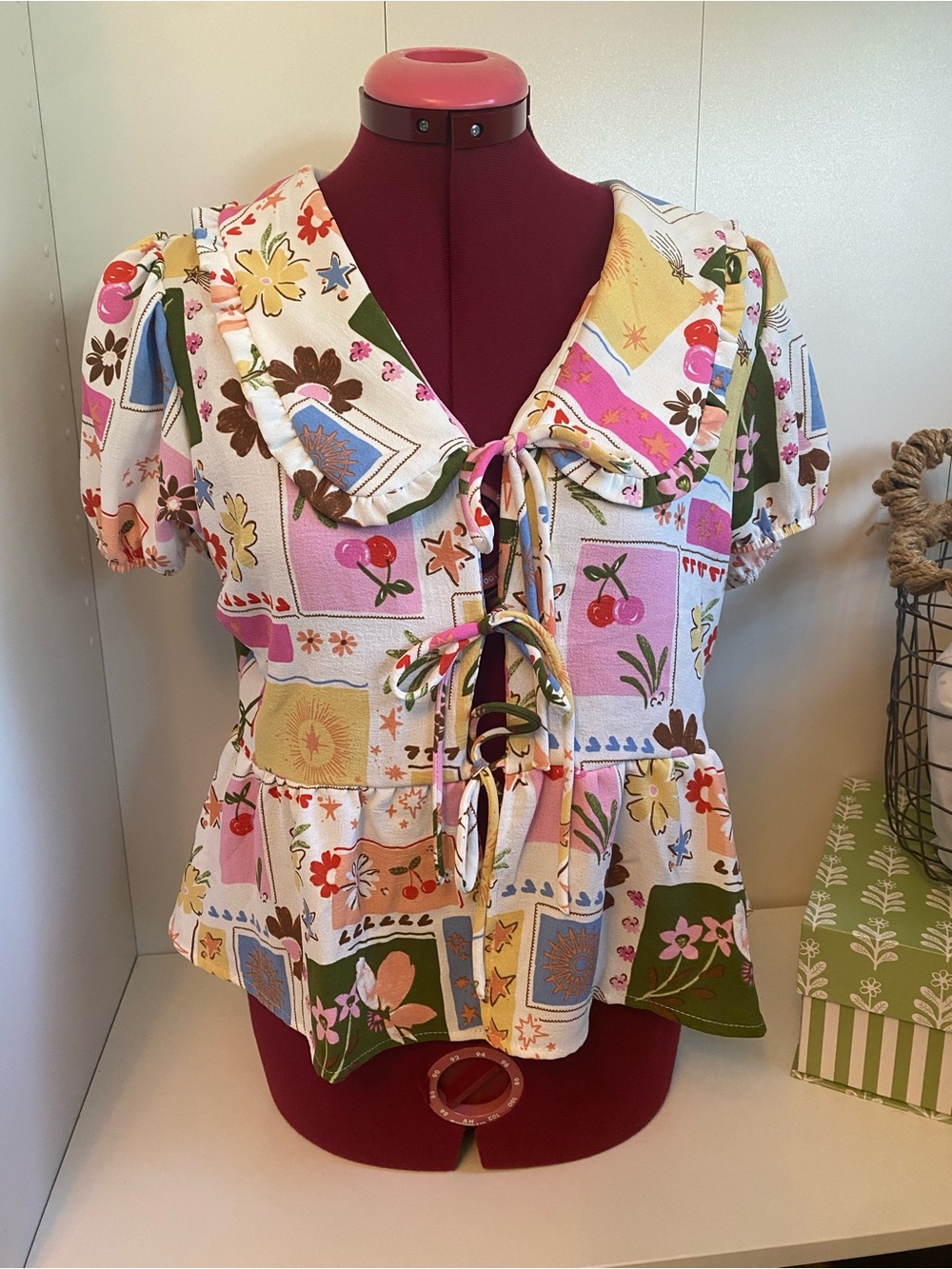 Monteau Floral Patchwork Tie-Front Peplum Top - Pink, Green, Yellow